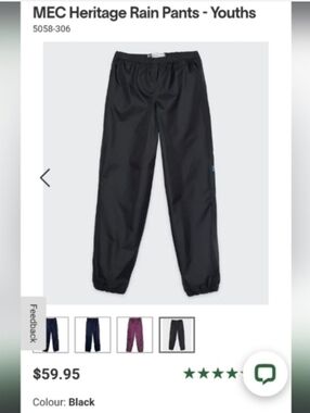 NWT MEC Waterproof Rain Pants,Youth Kids Size 12,Black,Unlined